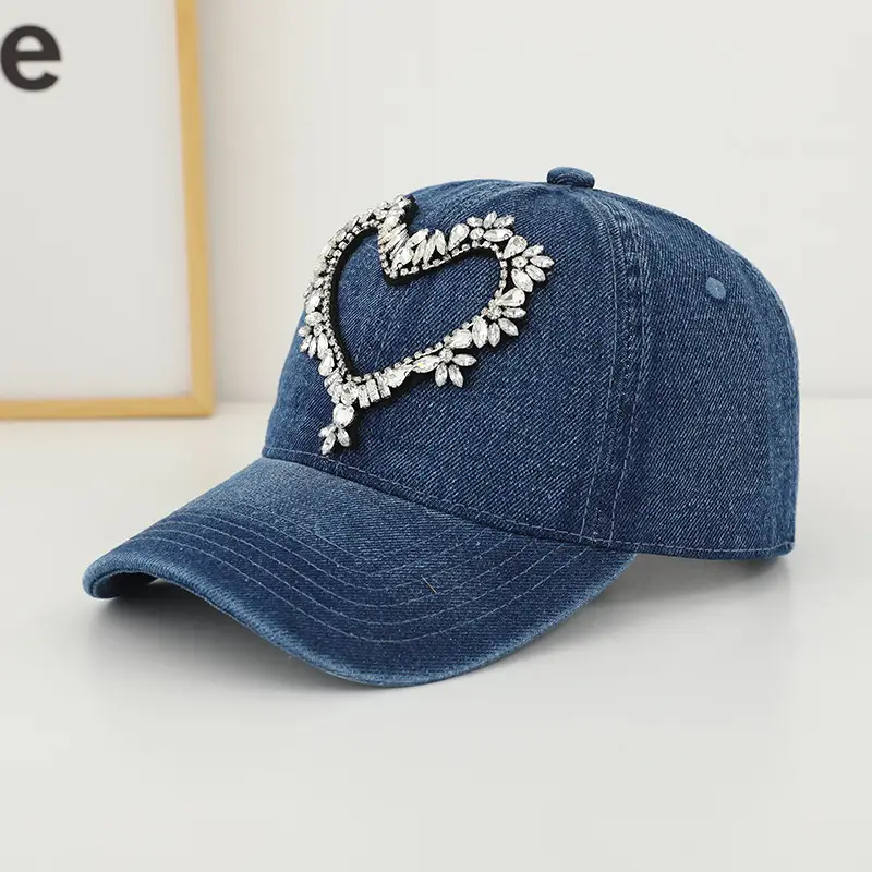 Women Denim Baseball Cap with Heart Rhinestone Design - Image 3