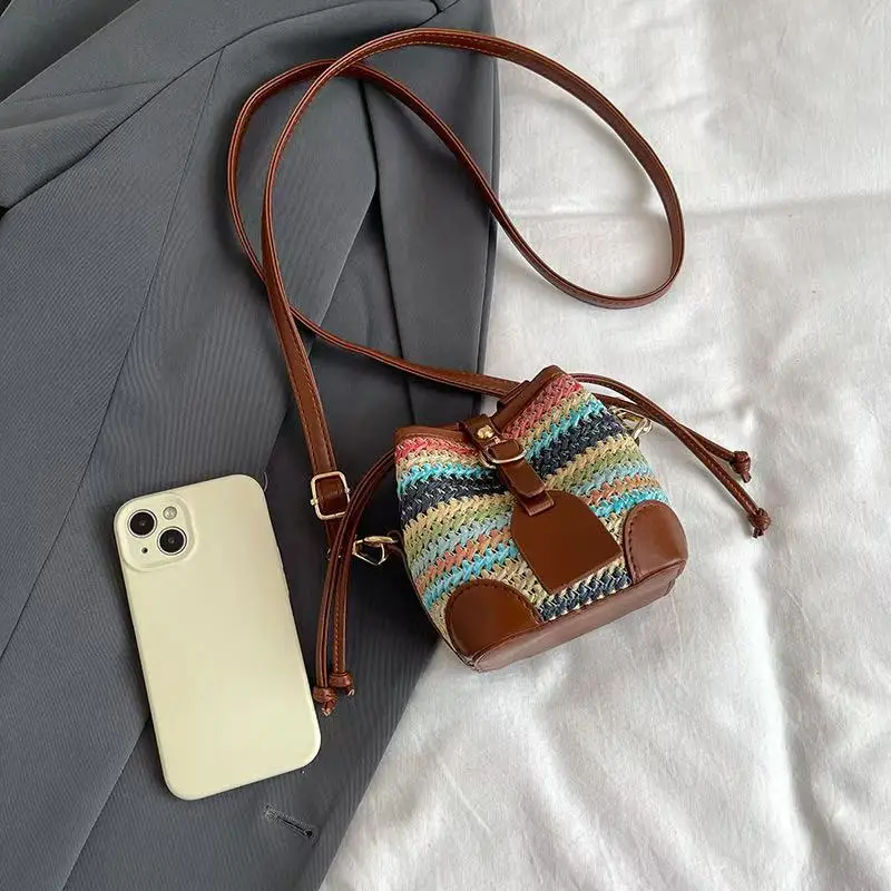Girls Plaid Denim Bucket Bag Black White Drawstring