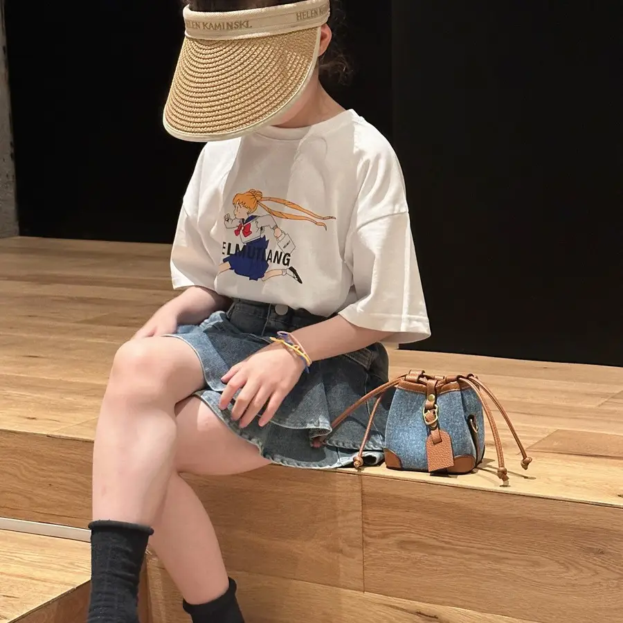 Girls Plaid Denim Bucket Bag Black White Drawstring
