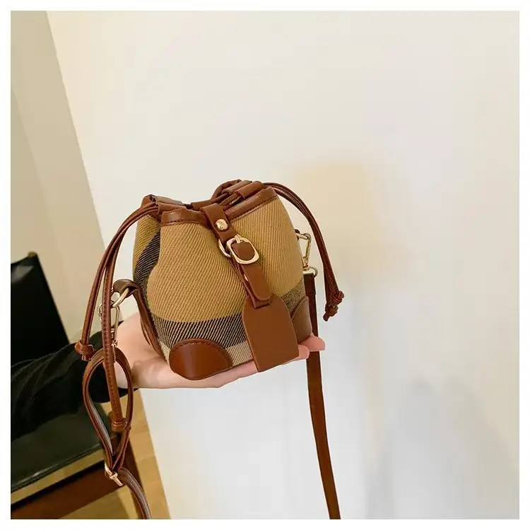Girls Plaid Denim Bucket Bag Black White Drawstring