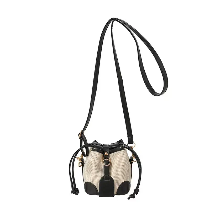 Girls Plaid Denim Bucket Bag Black White Drawstring