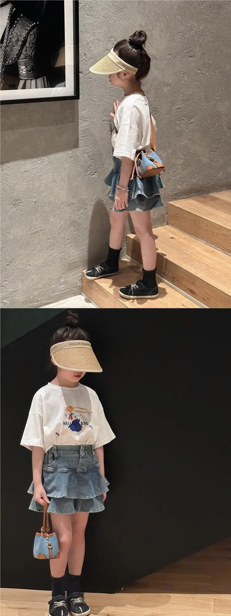Girls Plaid Denim Bucket Bag Black White Drawstring — feature 14