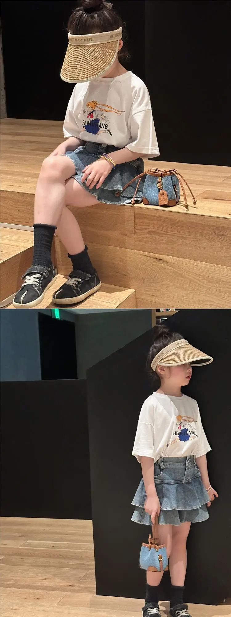 Girls Plaid Denim Bucket Bag Black White Drawstring — feature 15