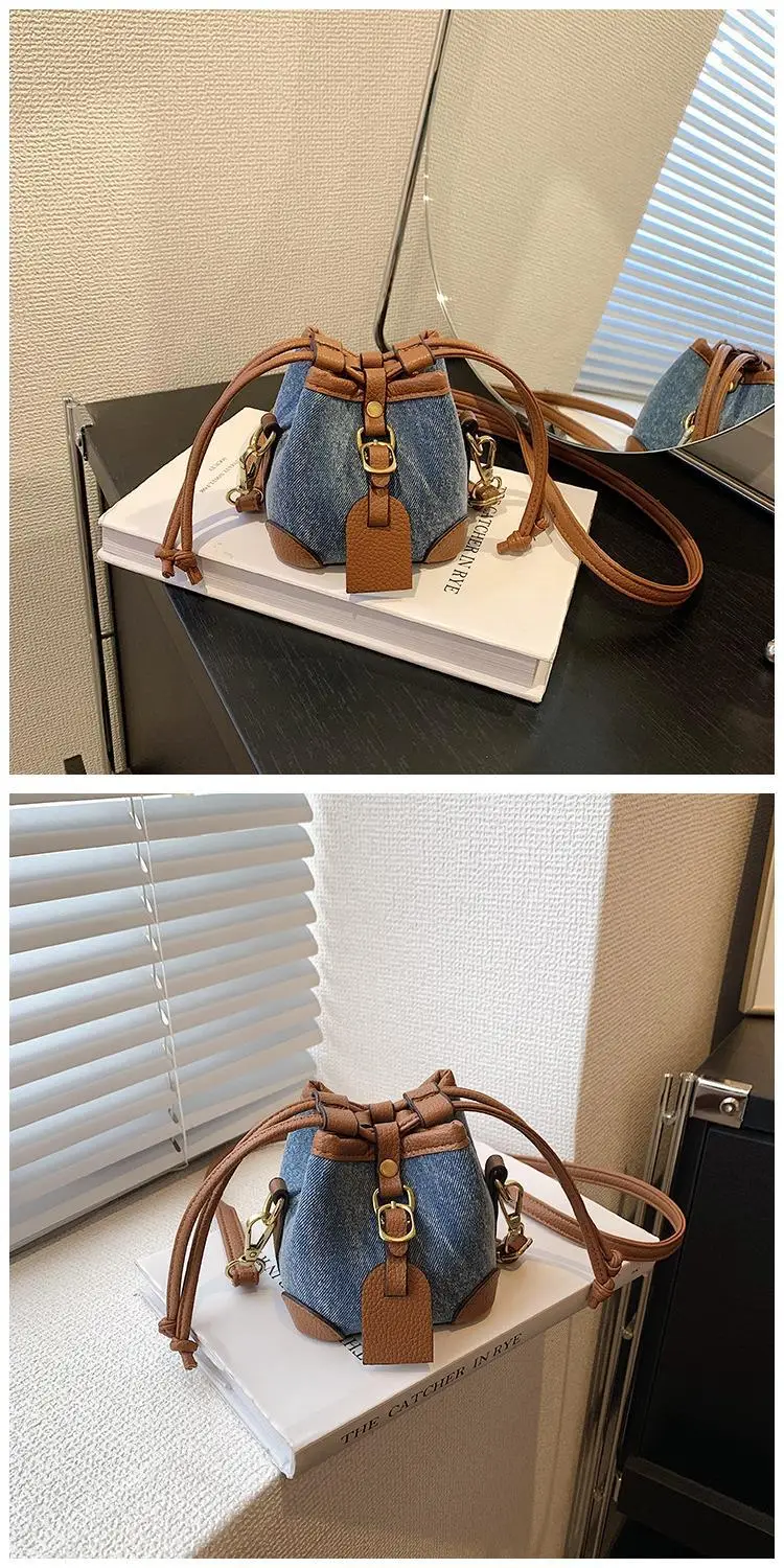 Girls Plaid Denim Bucket Bag Black White Drawstring — feature 18