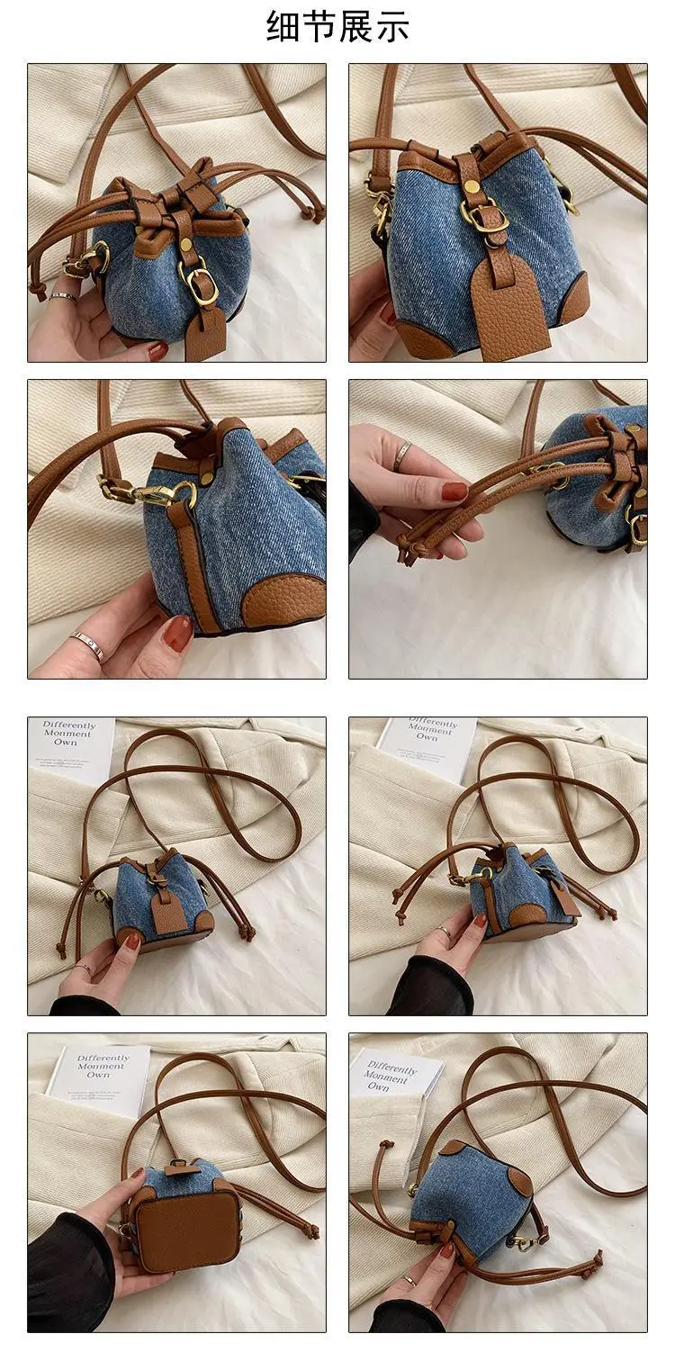 Girls Plaid Denim Bucket Bag Black White Drawstring — feature 19