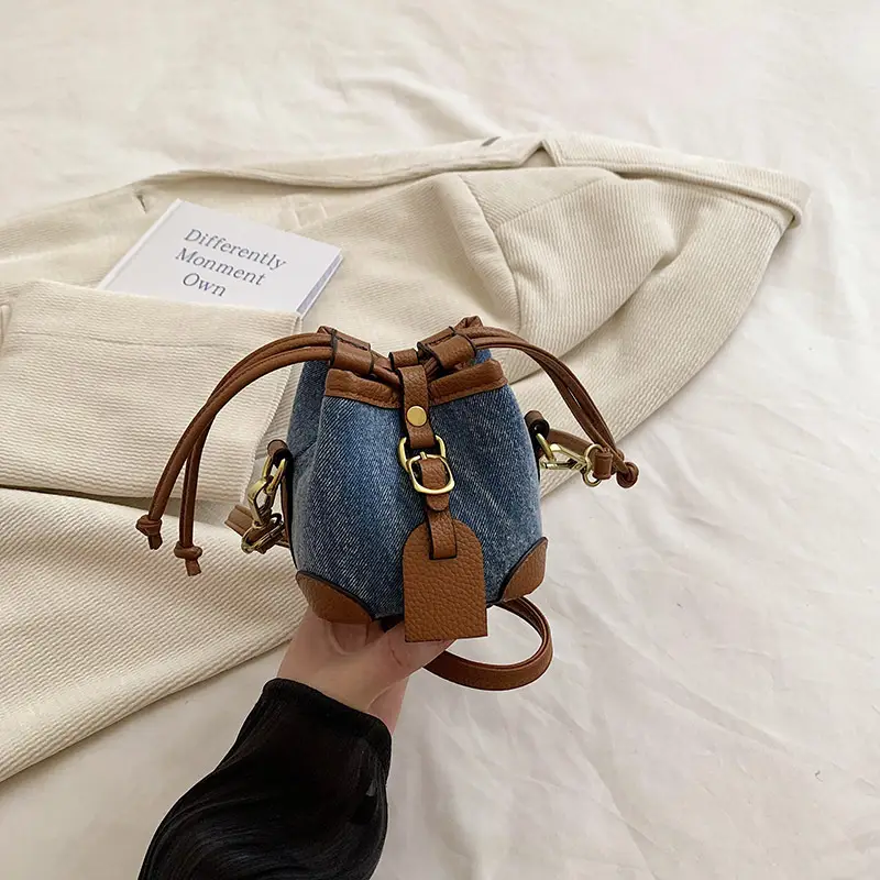 Girls Plaid Denim Bucket Bag Black White Drawstring