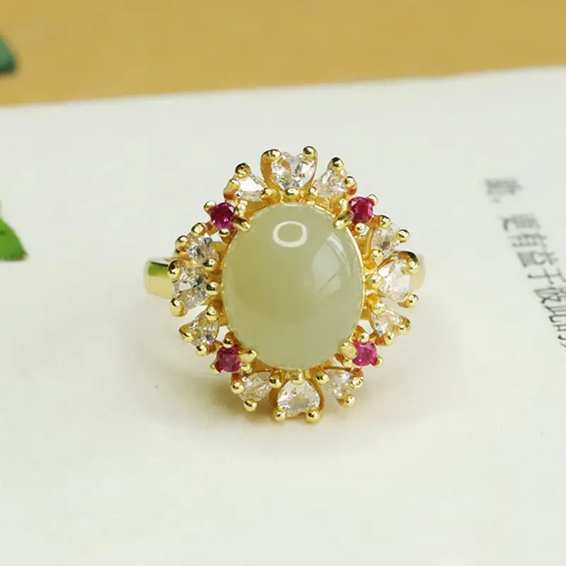 Aiyu Natural Hetian Jade Ring with Red Stones - Image 3