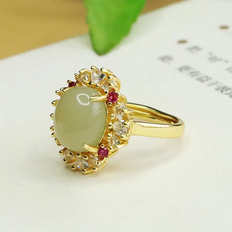 Aiyu Natural Hetian Jade Ring with Red Stones - Image 4