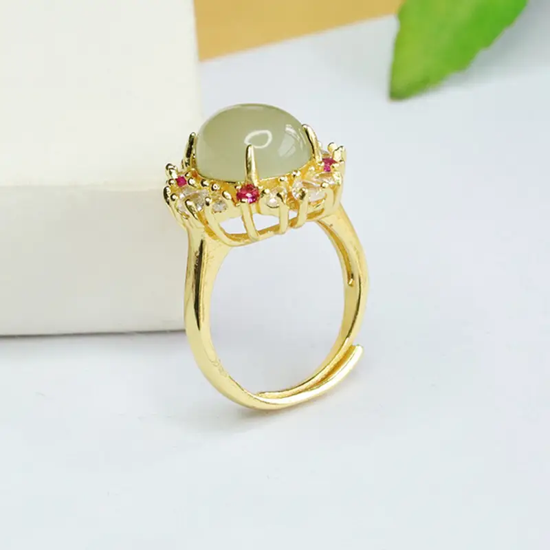 Aiyu Natural Hetian Jade Ring with Red Stones - Image 5