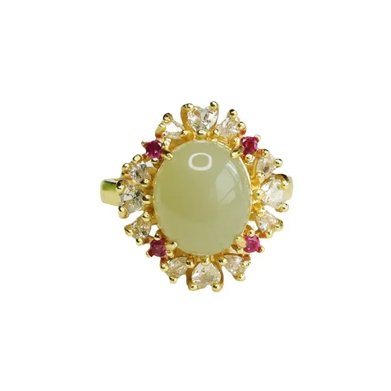 Aiyu Natural Hetian Jade Ring with Red Stones - Image 6