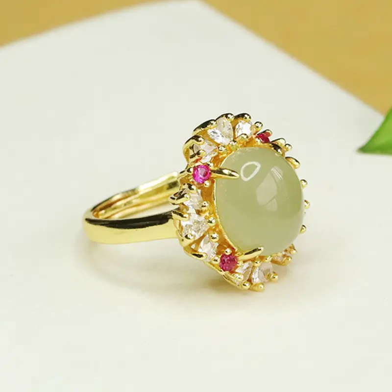 Aiyu Natural Hetian Jade Ring with Red Stones — feature 7