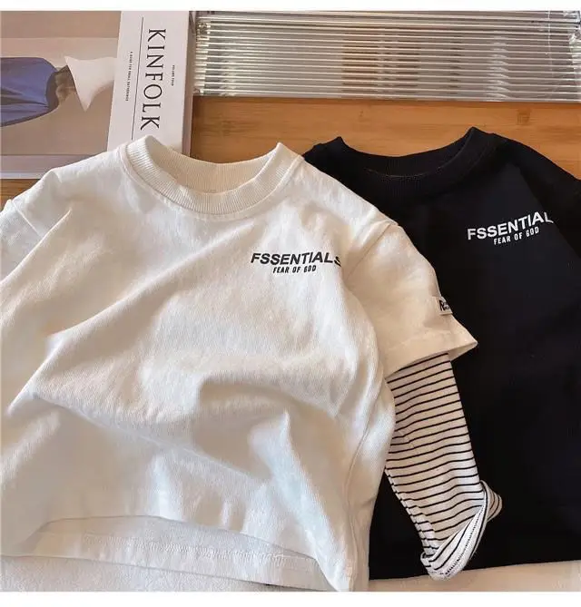 Boys Cotton Fake Two-Piece T-Shirt Black Gold 2026 — feature 9
