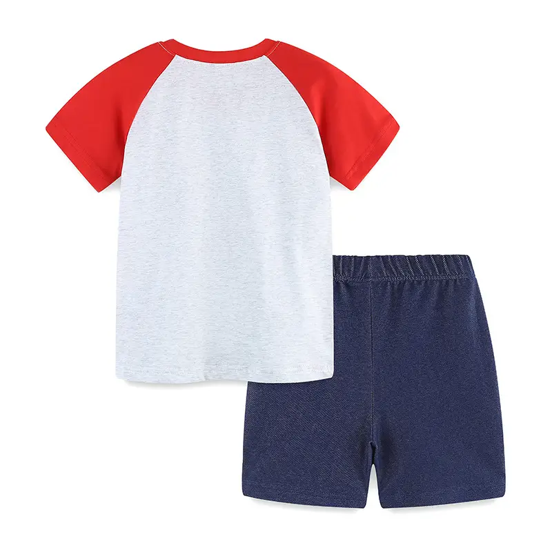 Summer Boys Cotton T-Shirt Shorts Set Red White Excavator Print - Image 3