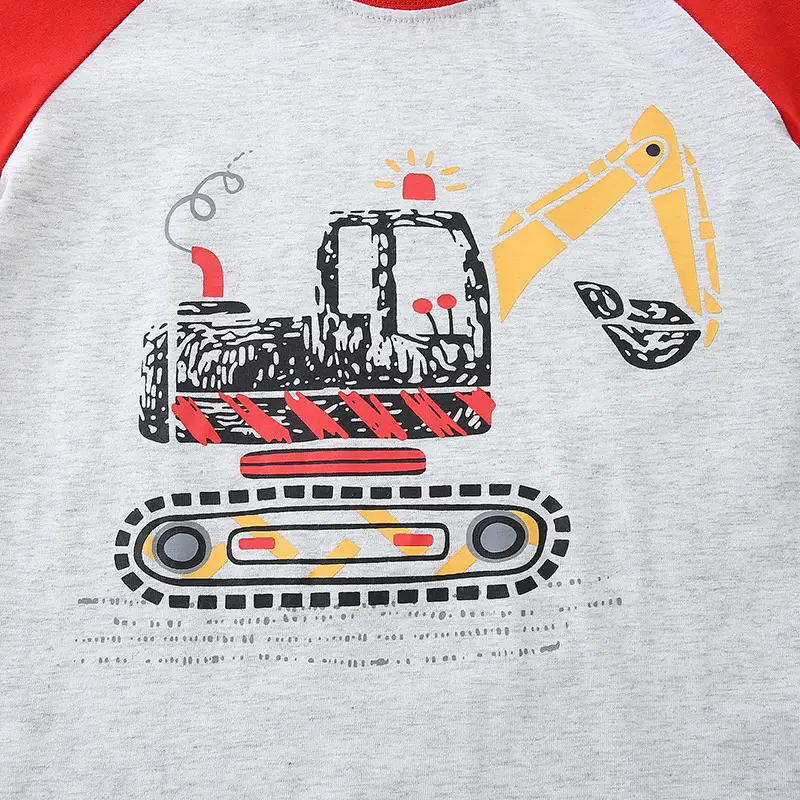 Summer Boys Cotton T-Shirt Shorts Set Red White Excavator Print - Image 5