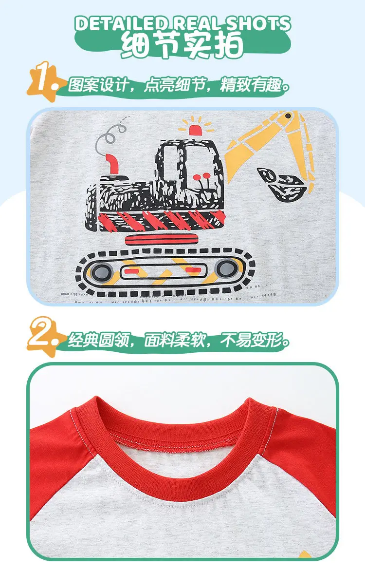 Summer Boys Cotton T-Shirt Shorts Set Red White Excavator Print — feature 36