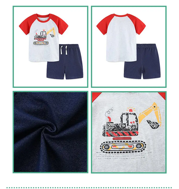 Summer Boys Cotton T-Shirt Shorts Set Red White Excavator Print — feature 38