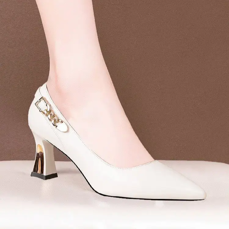 Shallow Mouth Thick Heel Leather Shoes 2025 Spring New Soft Leather Black High Heels Pointed Professional All-match Women's Shoes - Image 4
