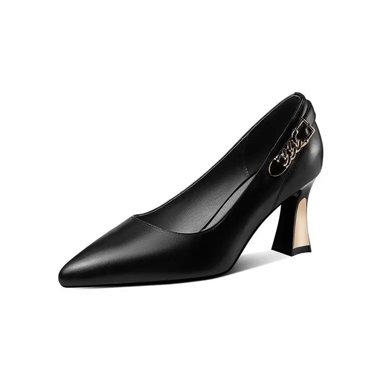 Shallow Mouth Thick Heel Leather Shoes 2025 Spring New Soft Leather Black High Heels Pointed Professional All-match Women's Shoes - Image 5
