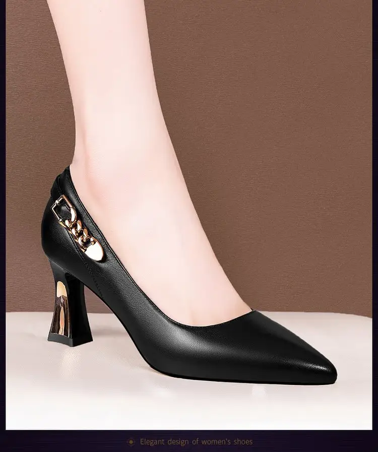 Shallow Mouth Thick Heel Leather Shoes 2025 Spring New Soft Leather Black High Heels Pointed Professional All-match Women's Shoes — feature 3