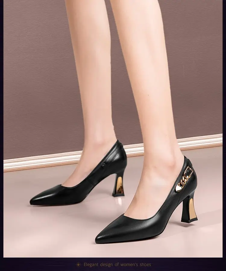 Shallow Mouth Thick Heel Leather Shoes 2025 Spring New Soft Leather Black High Heels Pointed Professional All-match Women's Shoes — feature 4