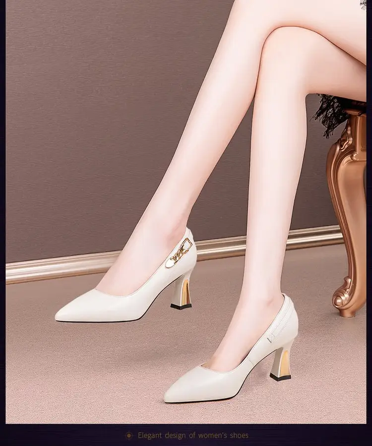 Shallow Mouth Thick Heel Leather Shoes 2025 Spring New Soft Leather Black High Heels Pointed Professional All-match Women's Shoes — feature 5