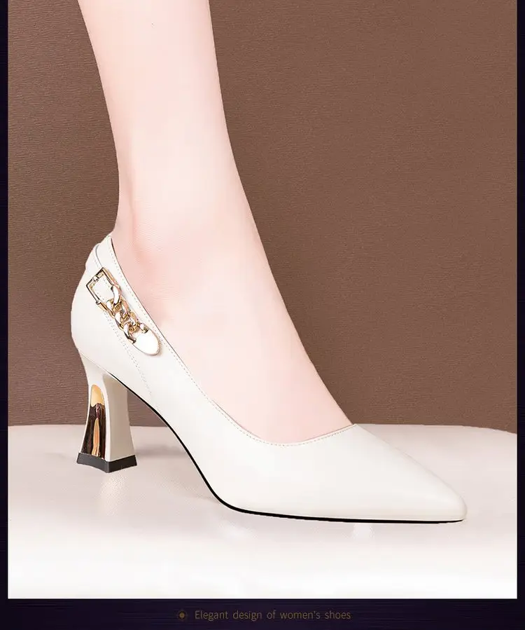 Shallow Mouth Thick Heel Leather Shoes 2025 Spring New Soft Leather Black High Heels Pointed Professional All-match Women's Shoes — feature 6
