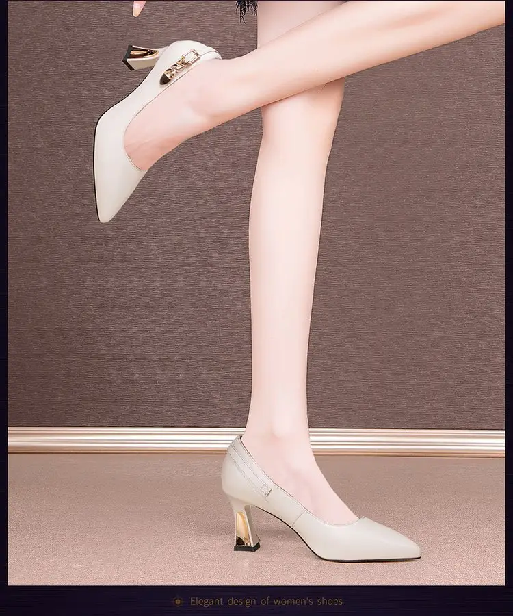 Shallow Mouth Thick Heel Leather Shoes 2025 Spring New Soft Leather Black High Heels Pointed Professional All-match Women's Shoes — feature 8