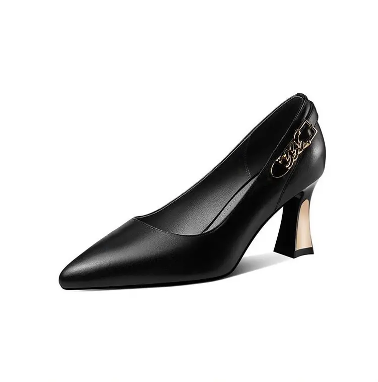 Shallow Mouth Thick Heel Leather Shoes 2025 Spring New Soft Leather Black High Heels Pointed Professional All-match Women's Shoes — feature 9