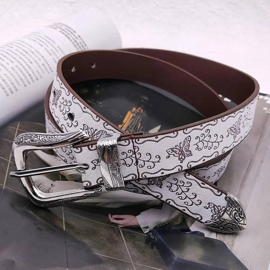 American Embossed White Belt for Women with Butterfly Design