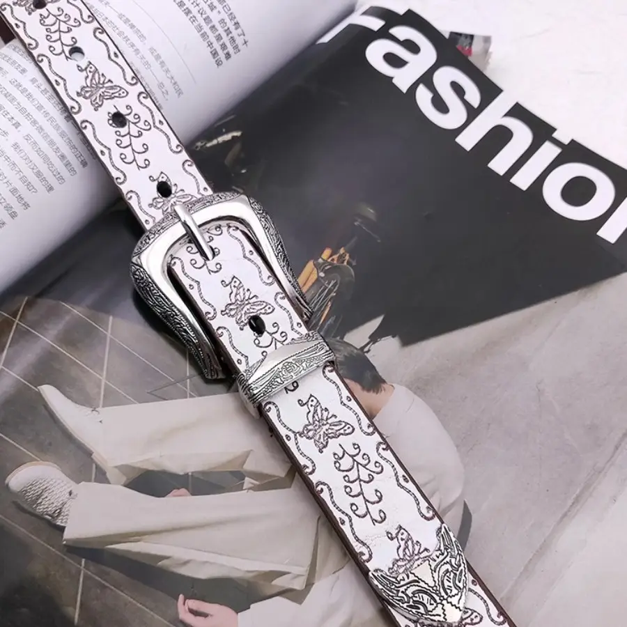 American Embossed White Belt for Women with Butterfly Design