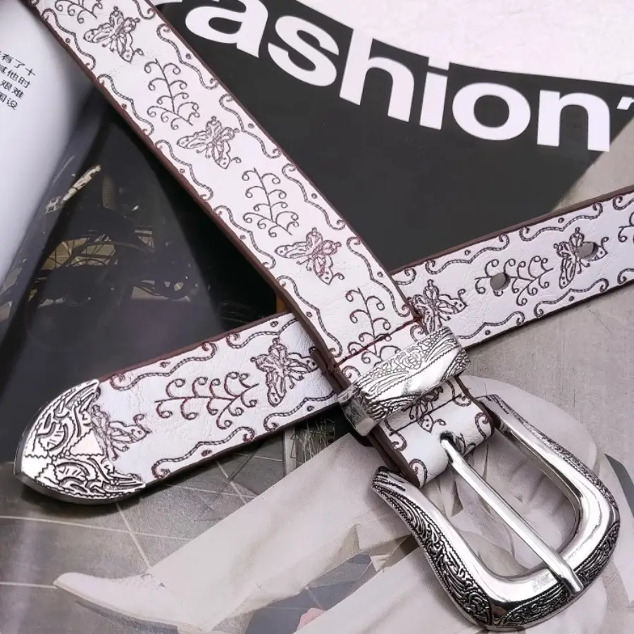 American Embossed White Belt for Women with Butterfly Design