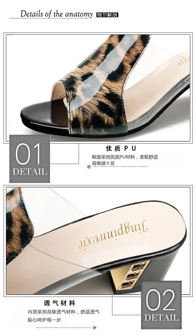 New mid heel versatile Korean style sandals high heel women's summer crystal leopard print outerwear women's square heel chunky heel sandals — feature 8