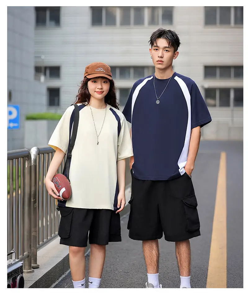 Men Cotton Crewneck T-Shirt Light Beige Black 250g — feature 2