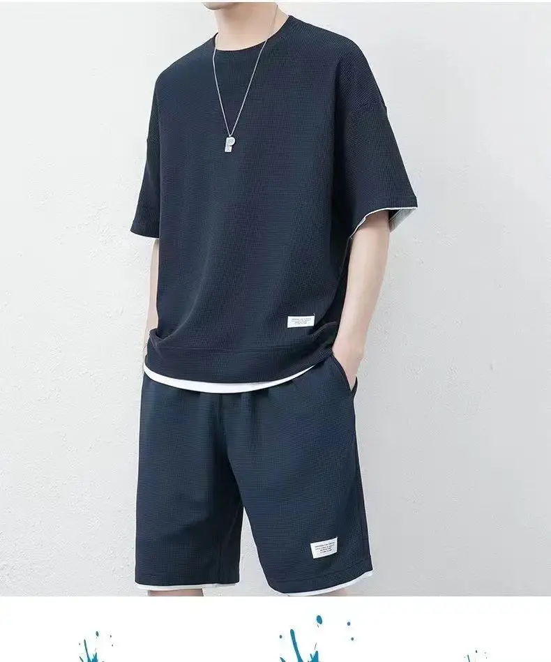 Men Heavy Waffle Ice Silk Shorts Set Black — feature 12