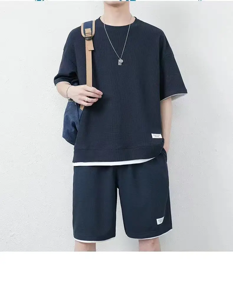 Men Heavy Waffle Ice Silk Shorts Set Black — feature 13