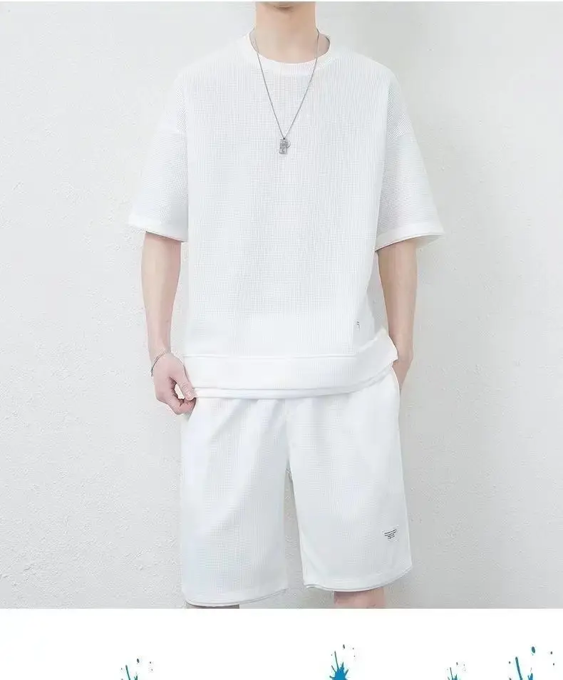 Men Heavy Waffle Ice Silk Shorts Set Black — feature 14