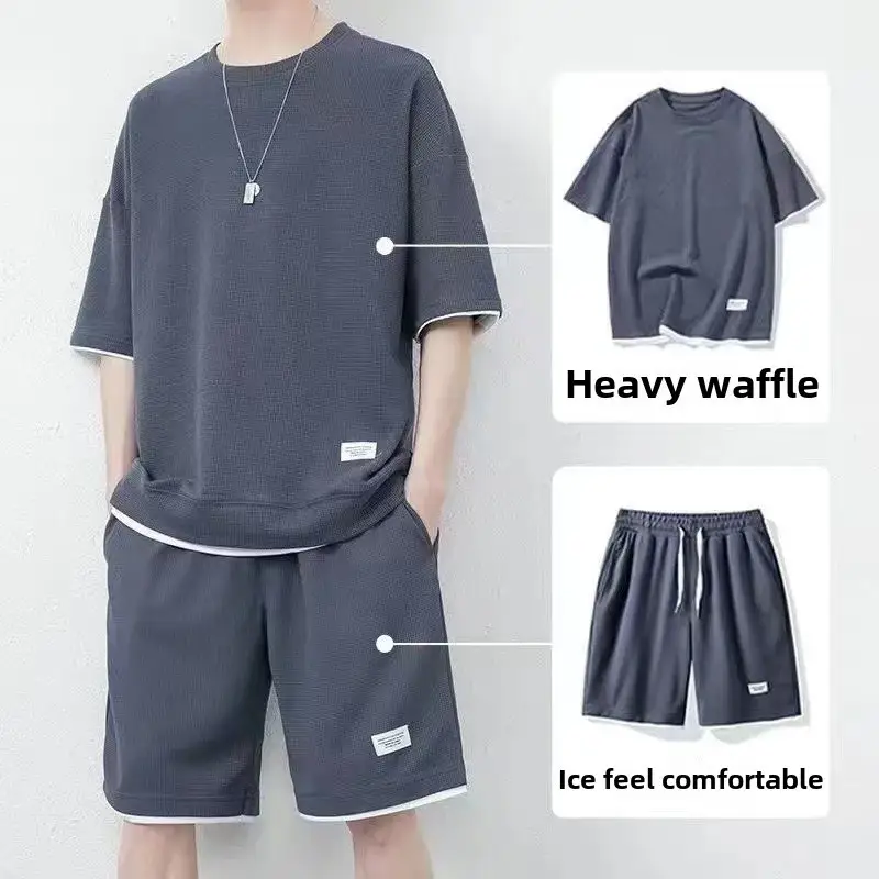 Men Heavy Waffle Ice Silk Shorts Set Black - Image 11