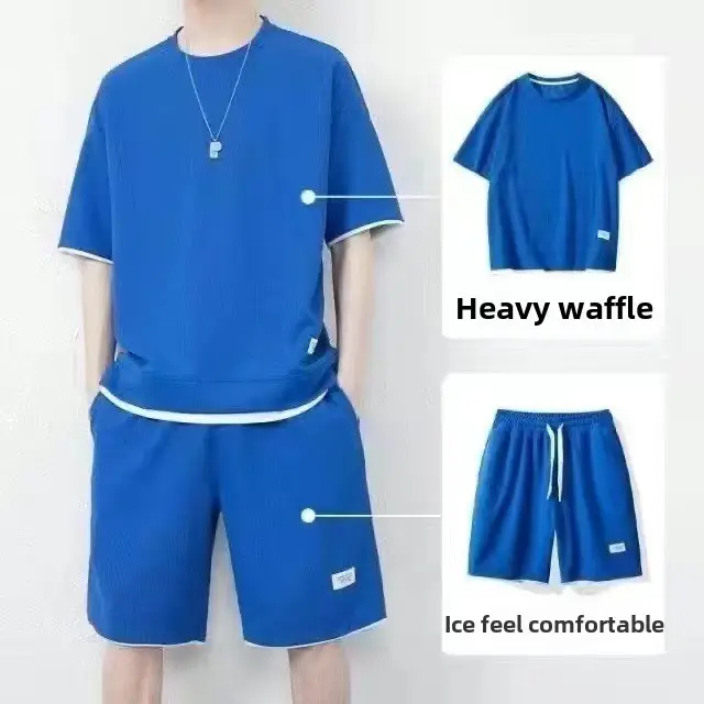 Men Heavy Waffle Ice Silk Shorts Set Black - Image 16