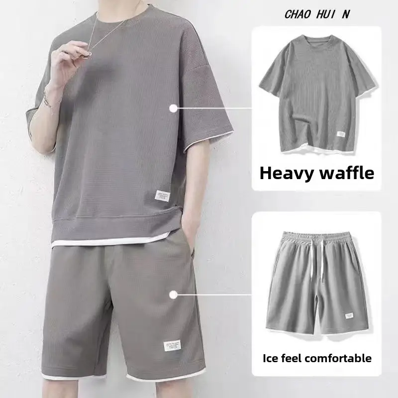 Men Heavy Waffle Ice Silk Shorts Set Black - Image 34
