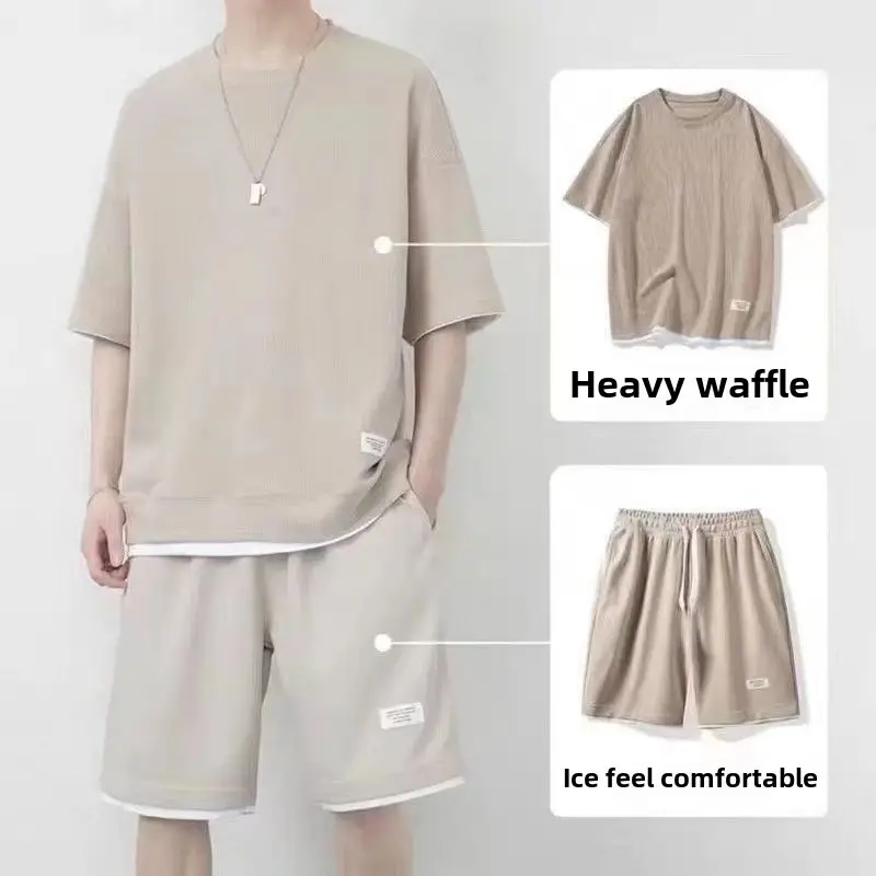 Men Heavy Waffle Ice Silk Shorts Set Black - Image 48