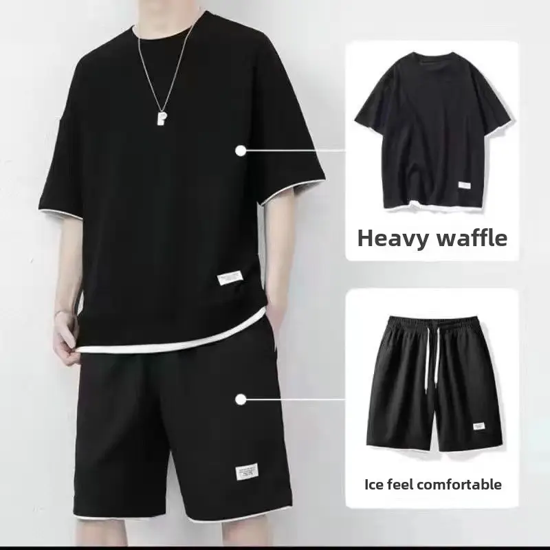 Men Heavy Waffle Ice Silk Shorts Set Black - Image 6