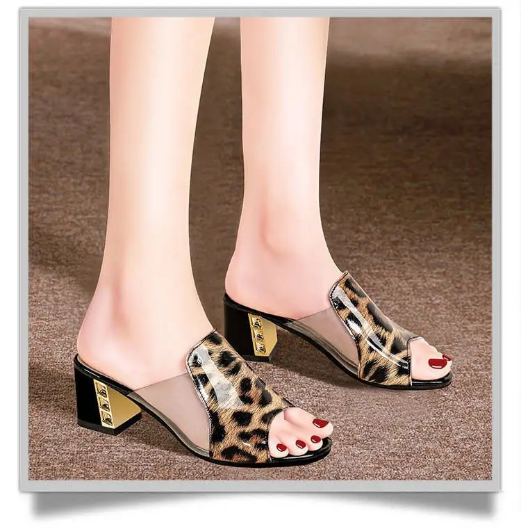 New mid heel versatile Korean style sandals high heel women's summer crystal leopard print outerwear women's square heel chunky heel sandals — feature 12