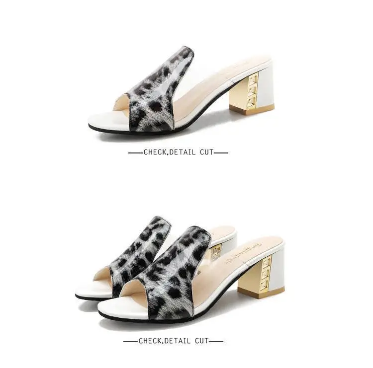 New mid heel versatile Korean style sandals high heel women's summer crystal leopard print outerwear women's square heel chunky heel sandals — feature 4