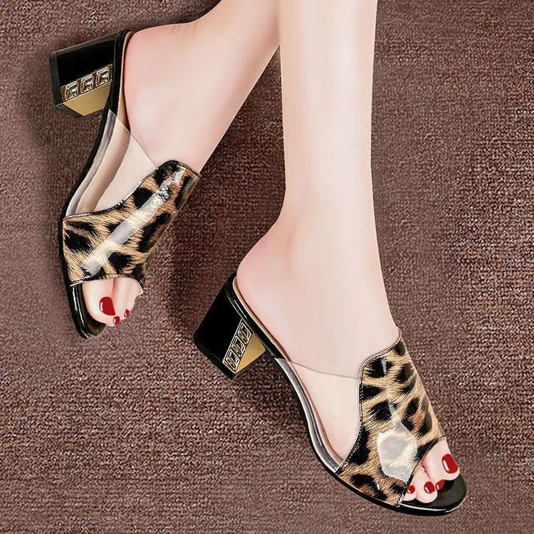 New mid heel versatile Korean style sandals high heel women's summer crystal leopard print outerwear women's square heel chunky heel sandals — feature 9