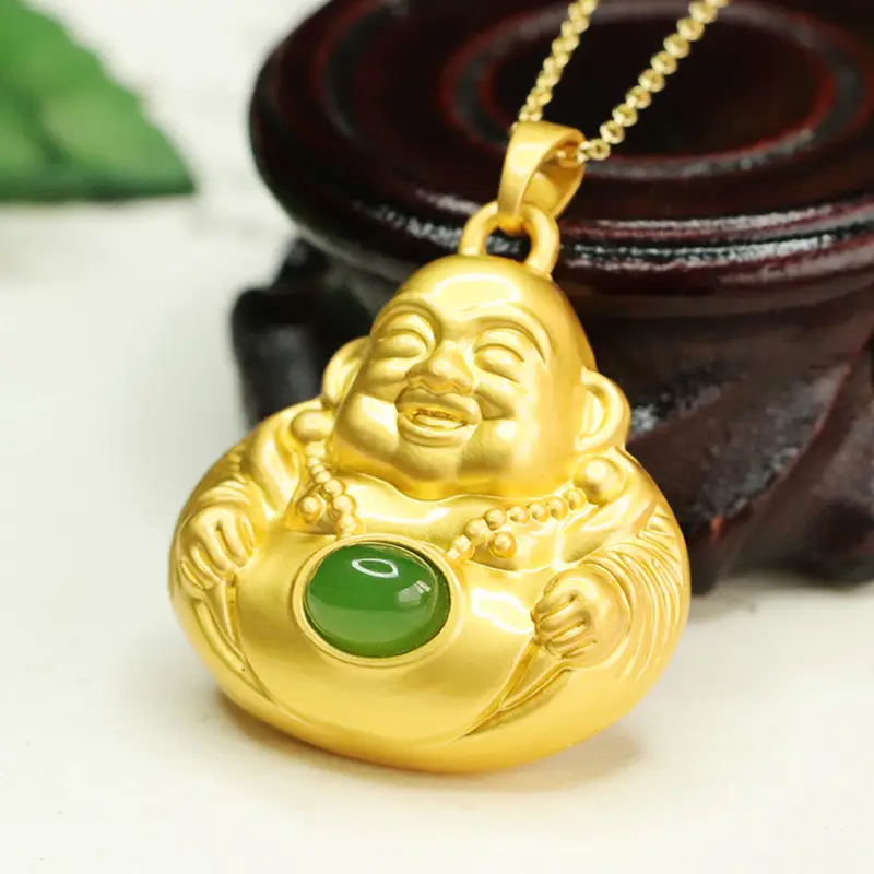 Golden Maitreya Buddha Necklace with Green Stone Pendant