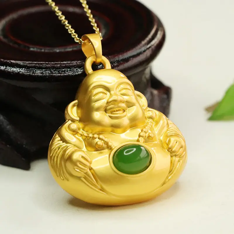 Golden Maitreya Buddha Necklace with Green Stone Pendant