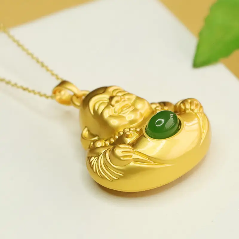 Golden Maitreya Buddha Necklace with Green Stone Pendant