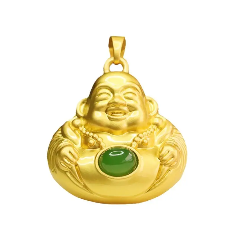 Golden Maitreya Buddha Necklace with Green Stone Pendant