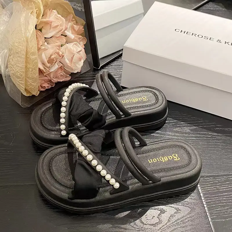 New platform slippers women's summer Korean style fairy style fashion Pearl Roman two-way beach slippers cross-border wholesale - Image 5