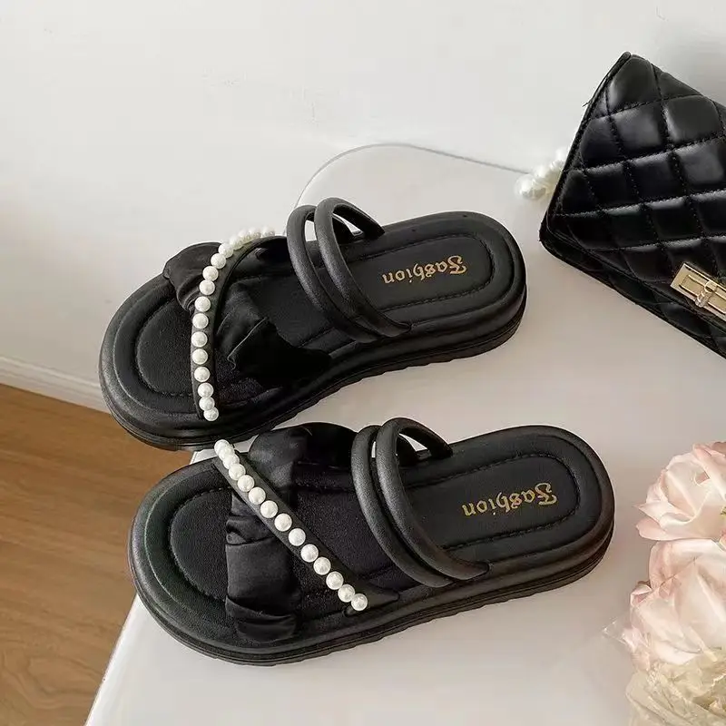 New platform slippers women's summer Korean style fairy style fashion Pearl Roman two-way beach slippers cross-border wholesale - Image 2